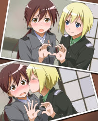 Rule 34 | 2girls, blonde hair, blue eyes, blush, brown eyes, brown hair, kissing cheek, erica hartmann, closed eyes, gertrud barkhorn, heart, heart hands, heart hands duo, kiss, long hair, military, military uniform, multiple girls, photo (object), short hair, strike witches, surprised, twintails, uniform, world witches series, youkan, yuri