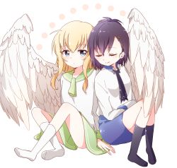 Rule 34 | 10s, 2girls, ahoge, angel wings, animal band, arm support, bafarin, black legwear, blonde hair, blue eyes, blush, commentary request, feathered wings, gabriel dropout, green skirt, highres, multiple girls, necktie, no shoes, purple hair, sailor collar, side-by-side, skirt, sleeping, sleeping on person, smile, gabriel tenma white, vignette tsukinose april, white legwear, white wings, wings, yuri