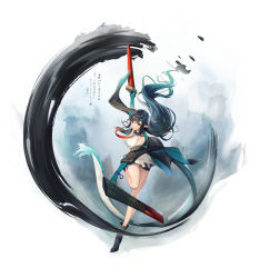 Rule 34 | 1girl, absurdres, arknights, artist request, black hair, coat, dress, dusk (arknights), highres, horns, ink, long hair, pointy ears, sleeveless, sleeveless dress, solo, sword, tagme, tail, very long hair, weapon