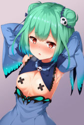 Rule 34 | 1girl, armpits, arms behind head, blue dress, blue sleeves, blush, breasts, brown background, commentary request, detached sleeves, double bun, dress, green hair, hair bun, hair ornament, hololive, juliet sleeves, kuragari, long sleeves, looking at viewer, nose blush, parted lips, pasties, puffy sleeves, red eyes, skull hair ornament, small breasts, solo, upper body, uruha rushia, uruha rushia (1st costume), virtual youtuber, wide sleeves