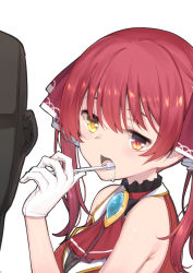 Rule 34 | 1girl, absurdres, blush, breasts, brushing teeth, heterochromia, highres, holding, holding toothbrush, hololive, houshou marine, kaname (melaninusa09), large breasts, long hair, looking at viewer, open mouth, red eyes, red hair, ribbon, smile, solo, toothbrush, toothbrush in mouth, twintails, virtual youtuber, yellow eyes