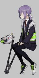 Rule 34 | 1girl, astg, black footwear, black jacket, black pantyhose, black skirt, bolt cutters, brown eyes, collared shirt, commentary, grey background, grey vest, hair ribbon, hard hat, helmet, high-visibility vest, highres, jacket, long sleeves, low twintails, open clothes, open jacket, original, pantyhose, pleated skirt, profile, purple hair, red neckwear, reebok, ribbon, shirt, shoes, sitting, skirt, sneakers, solo, twintails, vest, white footwear, white ribbon, white shirt