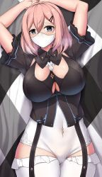Rule 34 | 1girl, absurdres, arms up, bed sheet, black shirt, breasts, cleavage, clip studio paint (medium), collared shirt, commentary, cowboy shot, english commentary, framed breasts, garter straps, grey eyes, hair between eyes, hair ornament, hairclip, highres, honkai (series), honkai impact 3rd, large breasts, leotard, looking at viewer, lying, mask, medium hair, mouth mask, on back, pink hair, shadow, sheita, shirt, short sleeves, sidelocks, solo, sweat, thighhighs, timido cute, underboob, white leotard, white thighhighs