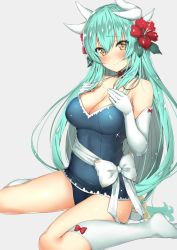 Rule 34 | 1girl, aqua hair, b-ginga, blush, breasts, fate/grand order, fate (series), flower, gloves, hair flower, hair ornament, hands on own chest, horns, kiyohime (fate), kiyohime (swimsuit lancer) (second ascension) (fate), kneehighs, large breasts, long hair, looking at viewer, ribbon, simple background, sitting, smile, socks, solo, swimsuit, thighs, white gloves, white socks, yellow eyes