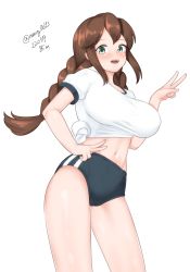 Rule 34 | 1girl, absurdres, blue buruma, braid, breasts, brown hair, buruma, cowboy shot, dated, green eyes, gym shirt, gym uniform, highres, kantai collection, large breasts, looking at viewer, maru (marg0613), midriff, noshiro (kancolle), one-hour drawing challenge, shirt, simple background, solo, standing, swept bangs, t-shirt, tied shirt, twin braids, twitter username, v, white background, white shirt