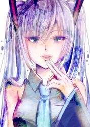 Rule 34 | 1girl, bad id, bad pixiv id, blue eyes, blue hair, blue necktie, detached sleeves, fingers to chin, grin, hand on own chin, hatsune miku, long hair, long sleeves, looking at viewer, matsumoto (sawa), necktie, parted lips, smile, solo, twintails, vocaloid, white background