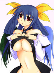 Rule 34 | 1girl, angel wings, asymmetrical wings, bare shoulders, blue hair, breasts, center opening, choker, dizzy (guilty gear), dokkanohukukaityou, groin, guilty gear, guilty gear x, guilty gear xx, hair between eyes, hand on own chest, highres, large breasts, long hair, long sleeves, midriff, navel, puffy long sleeves, puffy sleeves, red eyes, sidelocks, stomach, twintails, underboob, wings