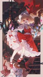 Rule 34 | 1girl, absurdres, arm up, ascot, blonde hair, blood, border, brown border, buttons, chain, collared shirt, crystal, eyes visible through hair, fingernails, flandre scarlet, flying, frills, grey hat, grey shirt, hair between eyes, hands up, hat, hat ribbon, heart, highres, indoors, jewelry, laevatein (touhou), looking at viewer, maccha (mochancc), mob cap, multicolored wings, nail polish, one side up, open mouth, outside border, pointing, polearm, puffy short sleeves, puffy sleeves, red eyes, red footwear, red nails, red ribbon, red skirt, red vest, ribbon, shirt, shoes, short hair, short sleeves, skirt, skull, smile, socks, solo, spear, stairs, teeth, tongue, touhou, vest, wall, weapon, white socks, wings, wristband, yellow ascot