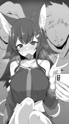 Rule 34 | 1girl, 2boys, animal ears, bare shoulders, blush, breasts, cellphone, comic, condom, condom in mouth, detached sleeves, highres, hololive, imminent gangbang, large breasts, long hair, looking at viewer, midriff, mouth hold, mp150 plus, multiple boys, ookami mio, ookami mio (1st costume), phone, smartphone, thighhighs, virtual youtuber, wolf ears, wolf girl