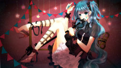 Rule 34 | 1girl, absurdres, aqua eyes, aqua hair, bad id, bad pixiv id, blouse, blue hair, bodice, covered mouth, facepaint, feet, from side, full body, hatsune miku, high heels, highres, key, knees up, long hair, looking at viewer, no socks, pennant, pink footwear, pink heels, pleated skirt, shirt, shoe dangle, shoes, short sleeves, sitting, skirt, solo, sona (sona 310621), star (symbol), string of flags, very long hair, vocaloid, white skirt, winding key, wrist cuffs