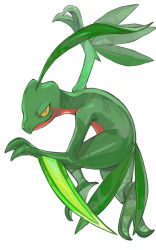 Rule 34 | black eyes, bright pupils, closed mouth, colored sclera, commentary request, creatures (company), full body, game freak, gen 3 pokemon, grovyle, highres, looking at viewer, nintendo, no humans, oyasuminjyutsu, pokemon, pokemon (creature), simple background, smile, solo, white background, white pupils, yellow sclera