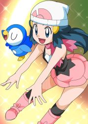 Rule 34 | 1girl, blue eyes, blue hair, boots, breasts, creatures (company), curvy, dawn (pokemon), female focus, game freak, gen 4 pokemon, hainchu, looking away, nintendo, piplup, pokemon, pokemon (anime), pokemon (creature), pokemon dppt (anime), skirt, small breasts, smile