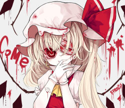 Rule 34 | 1girl, ascot, bandage over one eye, bandages, bandaid, bandaid on arm, blonde hair, blood, earrings, flandre scarlet, gloves, grey background, hat, jewelry, long hair, looking at viewer, puffy short sleeves, puffy sleeves, red eyes, red ribbon, ribbon, short sleeves, side ponytail, smile, solo, sseopik, touhou, upper body, white gloves, yellow ascot