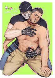 Rule 34 | 2boys, abs, afra816, arm behind another&#039;s back, arm on knee, arm tattoo, bar censor, bara, bare shoulders, beard, belt, black belt, black gloves, black shirt, blue eyes, blue pants, blush, border, brown hair, brown pants, call of duty, call of duty: modern warfare 2, censored, character name, closed eyes, collar, commentary, cum, denim, drawn ears, english text, facial hair, ghost (modern warfare 2), gloved handjob, gloves, hand on another&#039;s chest, handjob, hashtag-only commentary, heart, highres, jeans, kneeling, looking ahead, male focus, mask, mohawk, multiple belts, multiple boys, multiple scars, name tag, nipples, pants, parted lips, pectorals, penis, reach-around, red collar, scar, scar on arm, shirt, skeleton print, skull mask, soap (modern warfare 2), sweat, sweatdrop, t-shirt, tattoo, thigh belt, thigh strap, topless male, veins, veiny arms, white border, yaoi