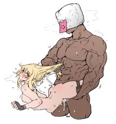 Rule 34 | 1boy, 1girl, abs, absurdres, ass, blonde hair, blush, boy on top, breasts, commentary request, crying, crying with eyes open, cum, cum overflow, dark-skinned male, dark skin, deep penetration, emoji, fingerless gloves, fur hat, ginseng (xin), girls&#039; frontline, gloves, grabbing another&#039;s hair, hat, height difference, hetero, highres, lifting person, long hair, manly, muscular, nagant revolver (girls&#039; frontline), nipples, nose blush, nude, petite, pouch, red eyes, rough sex, sex, small breasts, solo focus, sticky note, stomach bulge, sweat, tears, thigh pouch, ushanka, veins