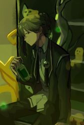 Rule 34 | 1boy, ascot, black pants, brooch, can, coat, collared shirt, folded ponytail, gem, green coat, green eyes, green gemstone, green hair, highres, holding, holding can, jewelry, library of ruina, long sleeves, male focus, netzach (project moon), pants, parted lips, pipio, plant, project moon, shirt, solo, undone ascot, vines, white shirt