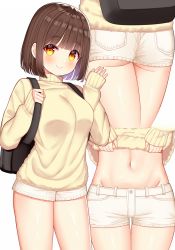 Rule 34 | 1girl, ass, backpack, bag, breasts, brown hair, clothes lift, groin, hand up, highres, lifted by self, long sleeves, looking at viewer, medium breasts, midriff, mizukoshi (marumi), multiple views, navel, orange eyes, original, short hair, short shorts, shorts, simple background, smile, stomach, sweater, sweater lift, thighs, white background, white shorts, yellow sweater