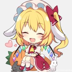 Rule 34 | 1girl, :d, animal ears, ascot, blonde hair, bow, carrot, chibi, closed eyes, facing viewer, fang, flandre scarlet, floppy ears, full body, heart, lowres, one side up, open mouth, rabbit, rabbit ears, rainbow, red bow, red footwear, ruhika, smile, socks, touhou, white headwear, white socks, yellow ascot