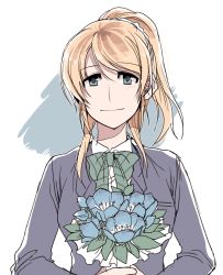Rule 34 | 10s, 1girl, ayase eli, blazer, blonde hair, blue eyes, bouquet, bow, bowtie, clipe, flower, green bow, green bowtie, holding, holding bouquet, jacket, long sleeves, looking at viewer, love live!, love live! school idol project, ponytail, scrunchie, smile, solo, striped bow, striped bowtie, striped clothes, striped neckwear, upper body