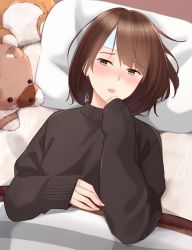 Rule 34 | 1girl, bed, black sweater, blush, brown eyes, brown hair, cold pack, commentary request, dutch angle, highres, kapatarou, long sleeves, looking at viewer, lying, nose blush, on back, original, parted lips, pillow, short hair, sick, sleeves past wrists, solo, stuffed animal, stuffed toy, sweater, teddy bear, under covers, upper body