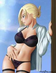 Rule 34 | 1girl, annie leonhart, blonde hair, blue eyes, bra, breasts, cleavage, dress shirt, fingernails, fishnets, hand on own hip, highres, katzueki, large breasts, lens flare, long fingernails, looking to the side, nail polish, navel, open clothes, open shirt, panties, parted lips, ponytail, shingeki no kyojin, shiny skin, shirt, short hair, skindentation, solo, standing, stomach, thigh gap, thighhighs, underwear