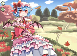 Rule 34 | 1girl, autumn leaves, back bow, bat wings, blue hair, blue sky, blush, bow, bush, capelet, closed mouth, cloud, dress, falling leaves, frilled bow, frilled dress, frilled hat, frilled sleeves, frills, hand on lap, hand on own chin, hat, hat bow, highres, houshiruri, icon (computing), layered skirt, layered sleeves, leaf, long dress, long sleeves, mob cap, necktie, official alternate costume, outdoors, pink capelet, pink dress, pink headwear, puffy short sleeves, puffy sleeves, red bow, red eyes, red necktie, remilia scarlet, short hair, short over long sleeves, short sleeves, sitting, skirt, sky, smile, tamura yukari, touhou, touhou cannonball, tree, wide sleeves, wings