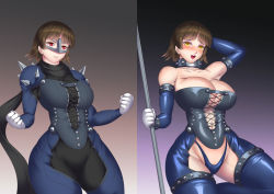 Rule 34 | atlus, bare shoulders, before and after, bodysuit, breasts, brown hair, chaps, cleavage, collar, detached sleeves, fighting stance, gloves, haryudanto, laces, large breasts, mask, niijima makoto, persona, persona 5, pole, red eyes, revealing clothes, sega, shadow (persona), short hair, shoulder spikes, smile, spikes, stripper pole, studded collar, thong, yellow eyes
