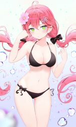 Rule 34 | 1girl, ahoge, alternate costume, bikini, black bikini, black bow, blush, bow, breasts, bubble, cleavage, commentary, cowboy shot, floating hair, flower, gluteal fold, green eyes, hair between eyes, hair flower, hair ornament, hairclip, highres, hololive, kinsuke z, long hair, looking at viewer, medium breasts, navel, parted lips, pink hair, sakura miko, solo, stomach, string bikini, swimsuit, symbol-only commentary, thigh gap, twintails, underwater, virtual youtuber