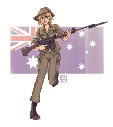 Rule 34 | 1girl, :d, absurdres, australian flag, bayonet, blonde hair, blue eyes, boots, brown footwear, brown hat, brown shirt, cigarette pack, gun, hat, highres, holding, holding gun, holding weapon, jacket, l1a1, looking at viewer, military, military jacket, military uniform, open mouth, original, shirt, short hair, sleeves rolled up, smile, solo, standing, standing on one leg, teeth, uniform, weapon, white background, willy pete