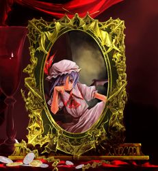 Rule 34 | 1girl, ascot, bat wings, blue hair, chain, chair, coin, dress, female focus, gold, hand on own cheek, hand on own face, hat, highres, mirror, pink dress, portrait (object), red eyes, reflection, remilia scarlet, short hair, silver, sitting, smile, solo, sorano eika, touhou, wings