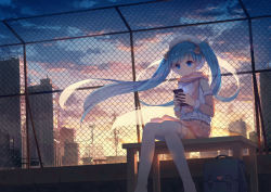 Rule 34 | 1girl, bench, blue eyes, blue hair, cellphone, chain-link fence, city, cloud, detached sleeves, earmuffs, fence, floating hair, hat, hatsune miku, highres, long hair, phone, scarf, scenery, sitting, skirt, sky, smartphone, solo, sunset, thighhighs, twintails, very long hair, vocaloid, white thighhighs, yue yue