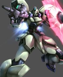 Rule 34 | absurdres, beam rifle, blue eyes, clenched hands, energy barrier, energy gun, energy shield, grey background, gun, gun-ez, gundam, haganef, highres, holding, holding gun, holding weapon, looking to the side, mecha, no humans, robot, solo, victory gundam, weapon