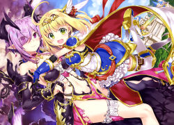 2girls, :d, absurdres, ahoge, armor, bangs, bare shoulders, black footwear, black gloves, black stripes, blonde hair, blue footwear, blue gloves, blue skirt, blush, boots, breastplate, breasts, brooch, cape, castle, choker, cleavage, cloud, cloudy sky, collarbone, day, demon horns, dress, earrings, elbow gloves, eyebrows visible through hair, eyes visible through hair, feet up, fingerless gloves, floating sword, frilled dress, frills, fujima takuya, gauntlets, gloves, green eyes, grey frills, hair ornament request, hair ribbon, high heel boots, high heels, highres, horns, jewelry, knee boots, large breasts, layered dress, leg garter, leg up, light purple hair, loincloth, looking at viewer, medium breasts, multicolored footwear, multiple girls, navel, official art, open mouth, oskulolu, outdoors, overskirt, parted bangs, pigeon-toed, pink lips, pink loincloth, pointy ears, print loincloth, purple brooch, purple choker, purple eyes, red cape, red ribbon, red sash, revealing clothes, ribbon, round teeth, sash, scan, shironeko project, shoe soles, shoes, short dress, shoulder pads, single stripe, skirt, sky, sleeveless, sleeveless dress, smile, soara (shironeko project), striped, striped choker, striped ribbon, sword, teeth, thighhighs, tongue, tree, weapon, white cape, white dress, white footwear, white frills, white garter, white legwear, winged footwear, winged hair ornament, wings, yellow footwear, zettai ryouiki