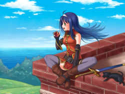 Rule 34 | 1girl, :d, ahoge, apple, bare shoulders, belt, black cat, blue hair, blue sky, boots, cat, cloud, day, detached sleeves, fingerless gloves, fire emblem, fire emblem: radiant dawn, food, fruit, gloves, green eyes, grey thighhighs, hairband, headband, holding, holding food, long hair, looking to the side, mia (fire emblem), nintendo, open mouth, sitting, sky, smile, solo, soyo2106, sword, thighhighs, weapon