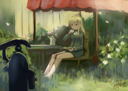 Rule 34 | 1girl, artist name, ascot, blonde hair, book, bug, butterfly, cup, dated, flower, garden, glasses, hand pump, insect, kanokoga, long hair, military, military uniform, no legwear, open book, outdoors, perrine h. clostermann, pump, reading, shade, sitting, solo, strike witches, teacup, teapot, uniform, water pump, world witches series, yellow eyes