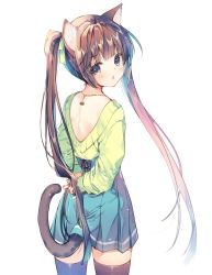 Rule 34 | 1girl, animal ear fluff, animal ears, back, blue skirt, blush, brown eyes, brown hair, cat ears, cat girl, cat tail, chestnut mouth, commentary request, cowboy shot, green ribbon, green sweater, hair ribbon, highres, holding, holding hair, jewelry, long hair, long sleeves, looking at viewer, looking back, miwabe sakura, necklace, original, parted lips, pleated skirt, ribbon, sidelocks, simple background, skindentation, skirt, solo, sweater, tail, tail raised, thighhighs, twintails, twintails day, very long hair, white background
