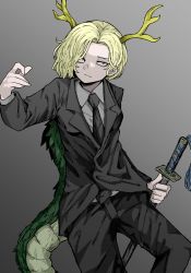 Rule 34 | 1girl, alternate costume, black jacket, black necktie, black pants, blonde hair, closed mouth, dragon horns, dragon tail, fe (tetsu), formal, gradient background, grey background, highres, holding, holding sword, holding weapon, horns, jacket, kicchou yachie, long sleeves, looking at viewer, necktie, pants, red eyes, shirt, short hair, solo, sword, tail, touhou, turtle shell, weapon, white shirt
