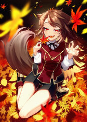 Rule 34 | 1girl, animal ears, autumn leaves, black footwear, brown hair, claw pose, cluseller, fangs, floppy ears, high heels, kneeling, linaford (vrchat), long hair, long sleeves, looking at viewer, open mouth, parted bangs, red eyes, shorts, solo, tail, vrchat, wolf ears, wolf girl, wolf tail