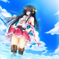 Rule 34 | 10s, 1girl, aoi hiro, armpits, black hair, clothes lift, cloud, day, detached sleeves, hairband, haruna (kancolle), japanese clothes, kantai collection, long hair, panties, personification, red eyes, skirt, skirt lift, sky, solo, striped clothes, striped panties, underwear, upskirt, wading
