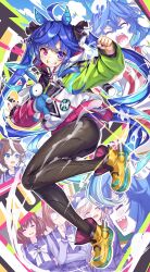 Rule 34 | 5girls, ahoge, animal ears, arm up, black pants, blue hair, boots, brown footwear, character request, clenched hand, full body, green sleeves, grin, heterochromia, highres, horse ears, horse girl, horse tail, jacket, ks (xephyrks), long hair, multiple girls, nail polish, outstretched arms, pants, pink sleeves, sharp teeth, smile, stuffed animal, stuffed rabbit, stuffed toy, tail, teeth, tight clothes, tight pants, twin turbo (umamusume), twintails, two-tone sleeves, umamusume, white jacket