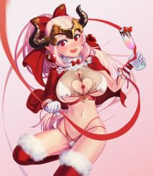 Rule 34 | 1girl, :d, aliza (granblue fantasy), alternate costume, arumakan, blush, breasts, capelet, cleavage, cleavage cutout, clothing cutout, commentary request, cup, draph, drinking glass, earrings, fur-trimmed capelet, fur-trimmed legwear, fur trim, gloves, granblue fantasy, heart, heart-shaped lock, heart cutout, heart earrings, highres, holding, holding cup, holding drinking glass, horns, jewelry, large breasts, long hair, midriff, navel, open mouth, pink hair, ponytail, red capelet, red eyes, red ribbon, red thighhighs, ribbon, smile, solo, thighhighs, underboob, very long hair, white gloves