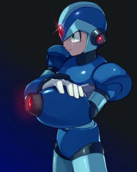 Rule 34 | 1boy, arm cannon, armor, body armor, bodystocking, forehead jewel, gauntlets, gloves, glowing, glowing weapon, green eyes, hand on weapon, helmet, light frown, looking to the side, male focus, mega man (series), mega man x (series), shoulder armor, simple background, vani (hisha 04), weapon, x (mega man)
