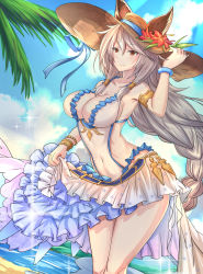 Rule 34 | 10s, 1girl, animal ears, antiqq, arched back, beach, blurry, braid, breasts, cleavage, covered navel, cowboy shot, day, depth of field, ears through headwear, erune, flower, frilled skirt, frills, granblue fantasy, hair between eyes, hair tubes, hat, heles, heles (summer) (granblue fantasy), hibiscus, impossible clothes, large breasts, layered skirt, long hair, looking at viewer, sidelocks, silver hair, single braid, skirt, solo, sun hat, swimsuit, swimsuit skirt, very long hair, yellow eyes