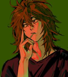 Rule 34 | 1boy, black eyes, brown hair, chinese commentary, cigarette, commentary request, green background, hair between eyes, highres, isoi reiji, jingli shui, male focus, medium hair, messy hair, portrait, red shirt, saibou shinkyoku, shirt, simple background, sketch, solo