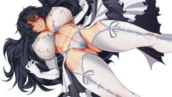 Rule 34 | 1girl, abs, black hair, boots, breasts, daidouji (senran kagura), elbow gloves, from below, gloves, gluteal fold, half-closed eyes, highres, huge breasts, long hair, looking at viewer, mole, mole under eye, monobe yuri, parted lips, red eyes, senran kagura, simple background, solo, thick thighs, thigh boots, thighhighs, thighs, very long hair, white background