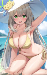 Rule 34 | 1girl, absurdres, arm support, arm up, armpits, ball, beachball, bikini, blonde hair, blue archive, blurry, blurry background, blush, breasts, collarbone, day, dot nose, flower, front-tie top, green eyes, halo, halterneck, hand on headwear, hat, hat flower, highres, kneeling, large breasts, leaning forward, long hair, looking at viewer, navel, nonomi (blue archive), nonomi (swimsuit) (blue archive), open mouth, outdoors, shallow water, side-tie bikini bottom, skindentation, smile, solo, stomach, suiroh (shideoukami), sun hat, swimsuit, teeth, thighs, upper teeth only, water, wet, white hat, yellow bikini, yellow flower