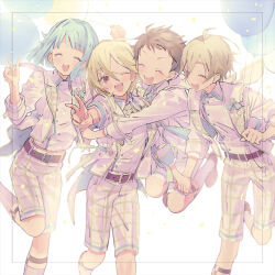 4boys ;d ^_^ androgynous arm_behind_another&#039;s_back balloon belt belt_buckle bishounen bloom brown_belt brown_footwear buckle closed_eyes collared_shirt confetti ensemble_stars! facing_viewer gingham_shorts happy highres holding holding_balloon holding_hands hug inset_border jacket jumping lapels legwear_garter looking_at_viewer male_focus mashiro_tomoya matching_outfits midair multiple_boys nito_nazuna one_eye_closed open_mouth rabbits_(ensemble_stars!) rice_(rice8p) shino_hajime shirt shoes shorts shoulder-to-shoulder smile socks teeth tenma_mitsuru upper_teeth_only v white_background white_jacket white_shirt white_shorts white_socks