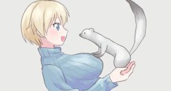 Rule 34 | 1girl, animated, blonde hair, blue eyes, blue sweater, blush, bouncing breasts, brave witches, breasts, grey background, hato ni olive teppou, large breasts, nikka edvardine katajainen, open mouth, short hair, simple background, smile, sweater, upper body, video, weasel, world witches series