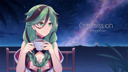 Rule 34 | 1girl, bare shoulders, black hair, braid, breasts, closed mouth, coffee, commentary, commission, copyright request, cup, english commentary, english text, green eyes, green hair, hair between eyes, hitsuki rei, holding, holding cup, horizon, lighthouse, long hair, looking away, looking to the side, medium breasts, multicolored hair, night, night sky, ocean, off shoulder, outdoors, short eyebrows, sky, smile, solo, star (sky), starry sky, thick eyebrows, twin braids, two-tone hair, upper body, virtual youtuber, watermark