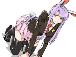 Rule 34 | 1girl, all fours, animal ears, black footwear, black thighhighs, brown jacket, closed mouth, collared shirt, crescent, crescent pin, dutch angle, high heels, jacket, loafers, long hair, long sleeves, looking at viewer, necktie, pink skirt, purple hair, rabbit ears, rabbit girl, rabbit tail, red eyes, red necktie, reisen udongein inaba, ruukii drift, shirt, shoes, simple background, skirt, solo, tail, thighhighs, tiptoes, touhou, white background, white shirt, wing collar